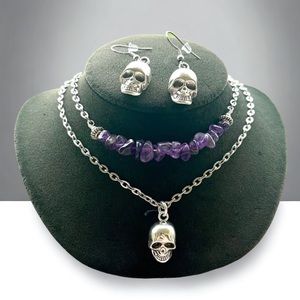 Skull & amethyst double layer choker necklace with matching earrings jewelry set